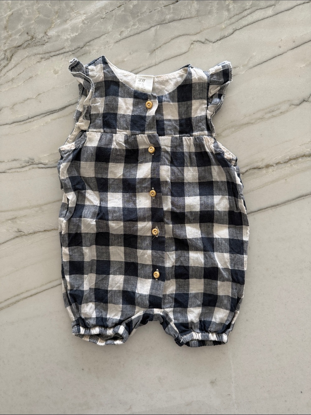 H&M Navy and Cream Gingham Baby Romper